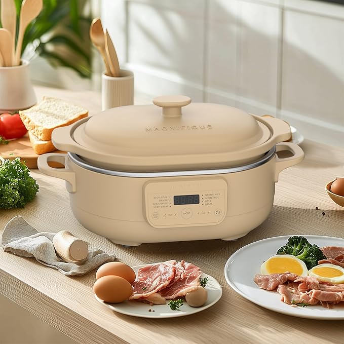 4 Quart Programmable Slow Cooker with Flexible Easy Programming, 8-in-1 Claypot Multi Cooker, Removable Crock, Nonstick, Oven Safe Pot to 450°F, Brown