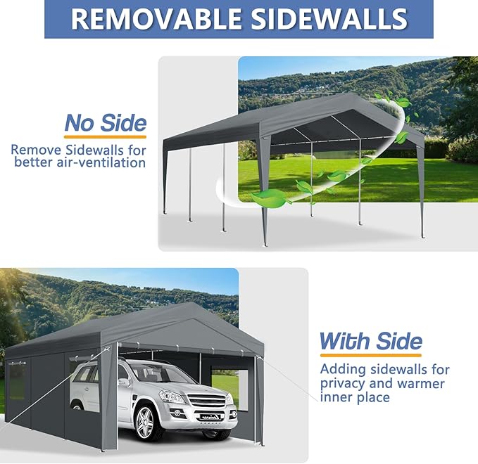 VINGLI 12x20 Carport Canopy Portable Garage with Roll-up Windows & Removable Sidewalls, Car Canopy Heavy Duty Car Tent Garage for SUV, Boats, RVs, Trucks (with Sidewalls)