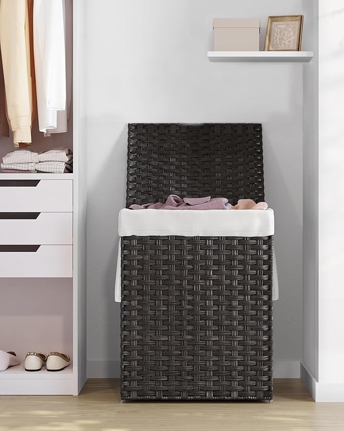 SONGMICS Laundry Hamper with Lid, 23.8 Gallon (90 L) Synthetic Rattan Clothes Laundry Basket with Lid and Handles, Foldable, Removable Liner, Black ULCB51BK