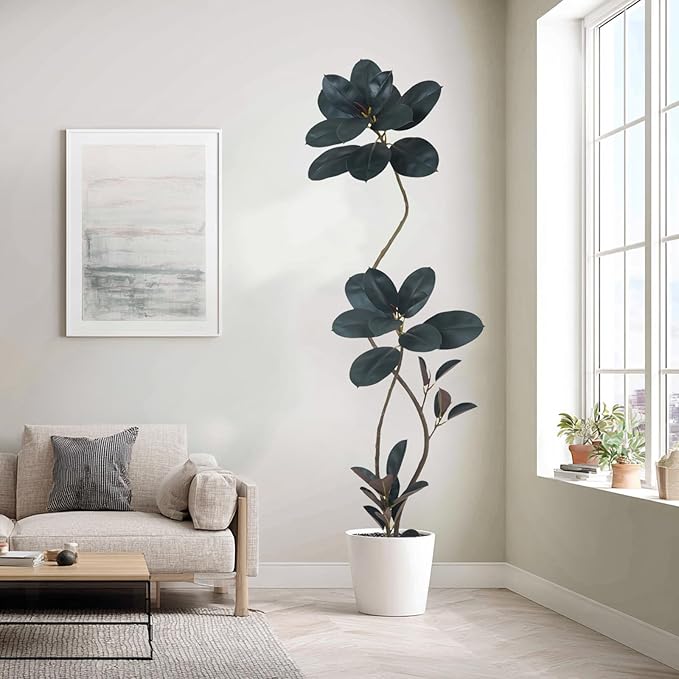 Artificial Rubber Tree Plant, 78 Inch Indoor Tree, Black with Round Planter, All Season Home Decor (Black,6.5ft)