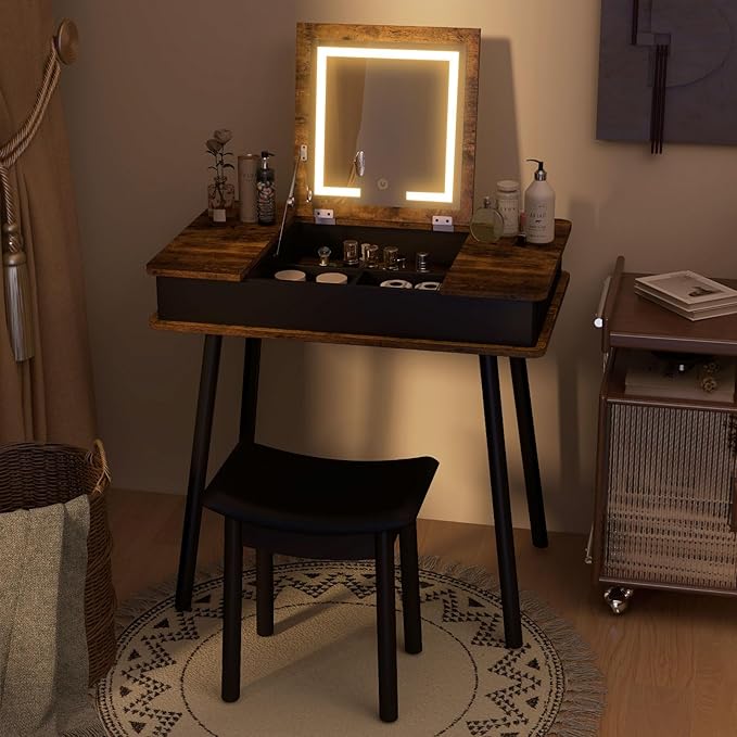 CHARMAID Vanity Desk with 3-Color Lighted Flip Top Mirror, 7 Storage Compartments, Side Organizers, USB Port, Makeup Dressing Table Set Writing Desk with Cushioned Stool, Easy Assembly, Rustic Brown
