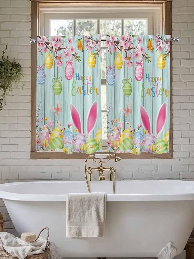 Happy Easter Kitchen Curtains 54 Inches Length, Spring Bunny Eggs Flower Teal
