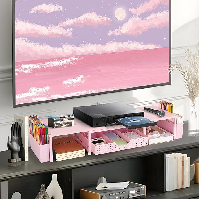 OPNICE Wood Desk Organizers and Accessories, Dual Monitor Stand Riser with Drawer and 2 Pen Holders, Desk Shelf Computer Racks for Office Workspace Organizers, Desktop Organization (Pink)