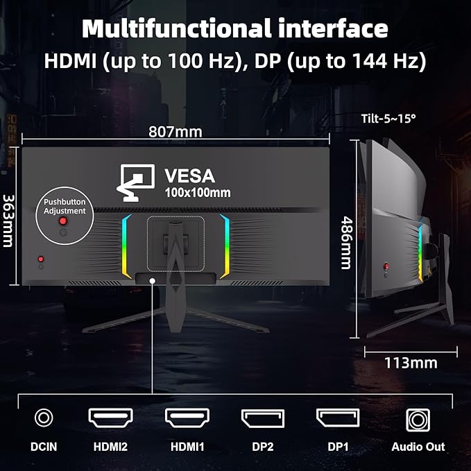 34 Inch Curved Gaming Monitor 4K, (3440x1440) 165Hz Ultrawide Computer Monitor, AMD FreeSync, 1500R, HDR, 125% sRGB, DCI-P3 92%, HDMI/DP and Built-in Speaker, VESA 100 x 100mm