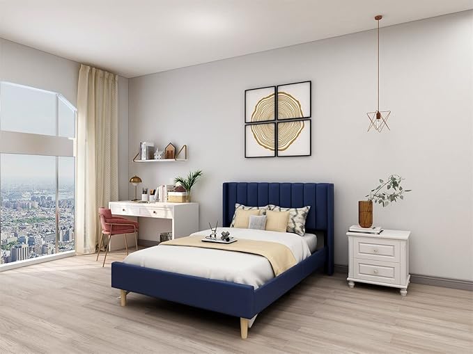 Low Profile Upholstered Platform Bed,Full Beds with Dark-Blue(Linen)