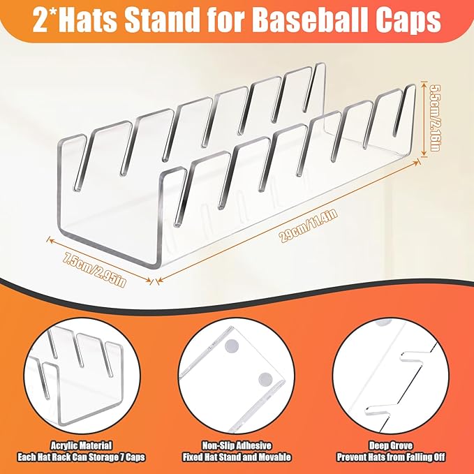 Hat Stand for Baseball Caps, 2 Pack No Install Acrylic Hat Organizer for 14 Baseball Caps Storage Organizer, Hat Racks Hat Holder Display and Organization for Closet, Bedroom, Dresser (Clear-2Pack)