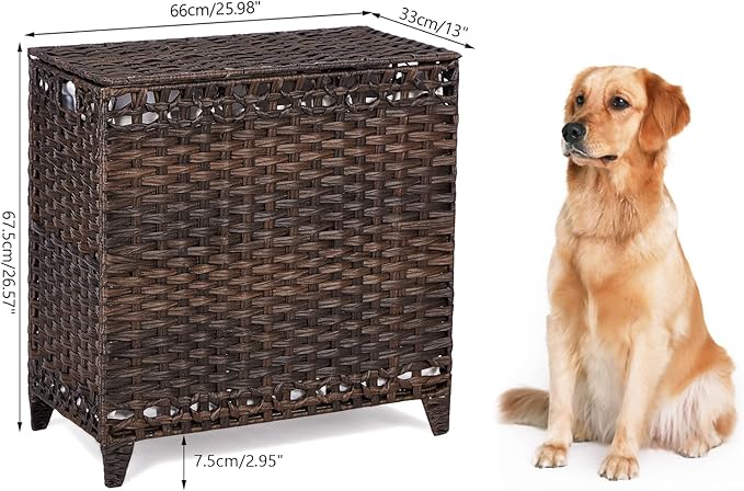 Laundry Hamper with 3 Removable Liner Bags; 132L Handwoven Rattan Laundry Basket with Lid & Heightened Feet; Clothes Hamper with Side Handles; Laundry Sorter with 3 Separate Sections (Brown)