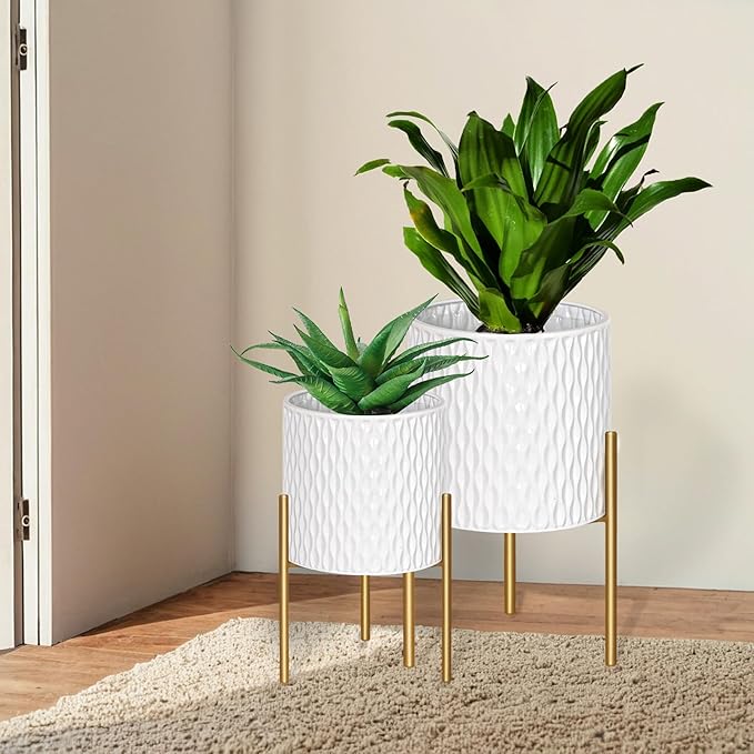 ARNIS Plants Pots with Stand, Set of 2 Planters, Unique Mid Century Decorative Metal Flower Pots with Drainage, 10.5 & 12.25 Inch, White and Gold