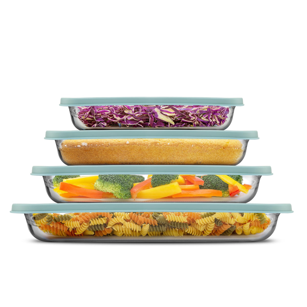 JoyJolt 8-Piece Borosilicate Glass Oven Dishes with Powder Blue Lids, Rectangle Deep Glass Baking Dish Set, Baking Pans for Lasagna Casserole Cake, Bakeware Set, Freezer to Oven Tray to Dishwasher