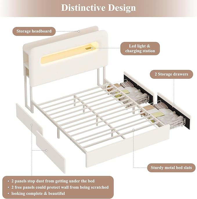 HOSTACK Full LED Bed Frame with Storage Headboard and Charging Station, Kids Bed Frame with 4 Drawers and USB Ports, Velvet Upholstered Platform Bed Frame with Bookcase, No Box Spring Needed, Cream