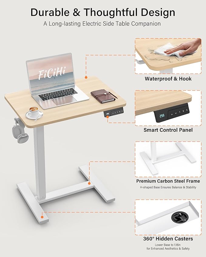 FiCiHi Small Electric Standing Desk - Adjustable Height Bedside Laptop Table with Wheels, Mobile, Portable Rolling Computer Workstation Sit Stand Table for Home Office, Sofa, Couch Use(28x16,Maple)
