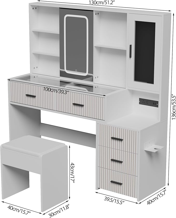 Large White Vanity Desk with Mirror and Lights,Vanity Table Makeup Vanity 5 Drawers with Power Strip Charging Station,Cushioned Stool for Bedroom, Dressing Room (White)