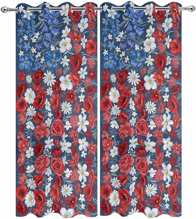 4th of July Outdoor Curtains for Patio Patriotic Flowers Farmhouse Red