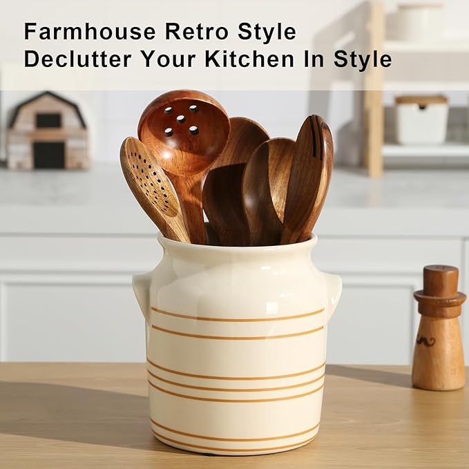 Ceramic Farmhouse Kitchen Utensil Holder for Countertop, Rustic Cooking Utensil Holder Crock Fit for Kitchen Counter. 6*6.8*6.7 IN
