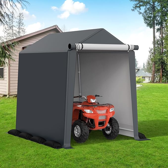 6x8FT Outdoor Storage Shelter Carport, Portable Shelter Heavy Duty Storage Shed Carport with Roll-up Zipper Door for Bike, Motorcycle, Garden Storage, Waterproof and UV Resistant, Gray