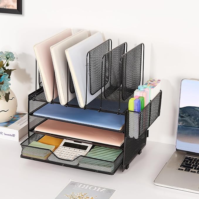 Desk Organizers and Accessories, 3-Tier Paper Organizer with 5 Vertical File Holders, File Organizer for Desk (Black With Drawer, 3T With Drawer)