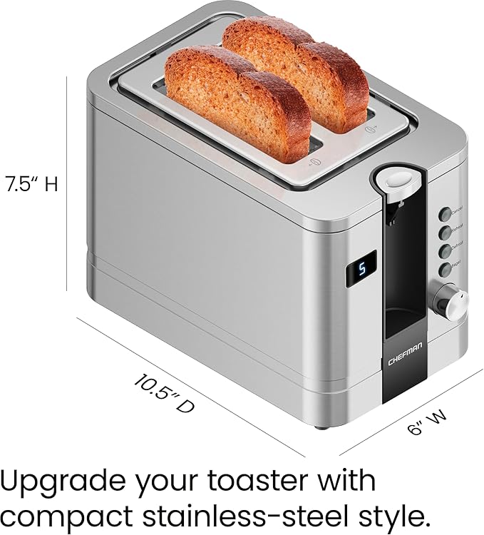 Chefman 2-Slice Digital Toaster, Pop-Up, Stainless Steel, Extra-Wide Slots For Bagels, Defrost, Reheat, Cancel Functions, Removable Crumb Tray