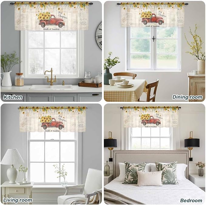 Farmhouses Sunflowers Sheer Valance Curtains, Retro Floral Leaves Red Truck
