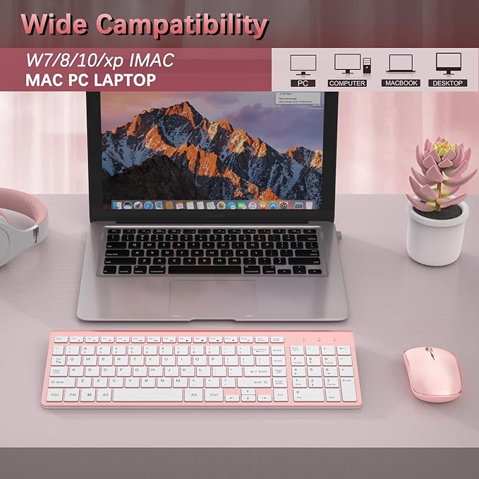 Wireless Keyboard and Mouse,2.4G Full Size and Portable Wireless Keyboard with Numeric Keyboard or Computer/Desktop/Laptop/Windows 10/8/7 -Pink