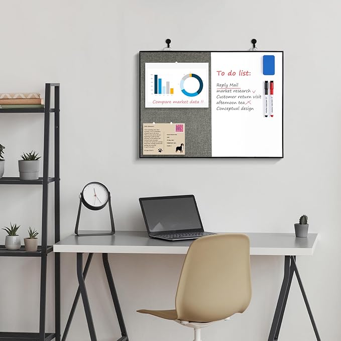 ARCOBIS Cork Board White Board Combo, 24"X18" Linen Bulletin Board Whiteboard for Wall, Double-Sided Magnetic Dry Erase Corkboard for Home, Office, School, Grey