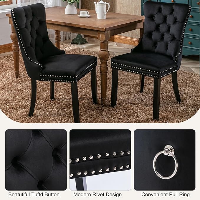 3-Piece Faux Marble Round Dining Table Set for 2, Modern Luxury Kitchen Table Set for 2 with Black Tufted Chairs,Circle Dining Tables with White Marble Grain Top and Black Pedestal Base