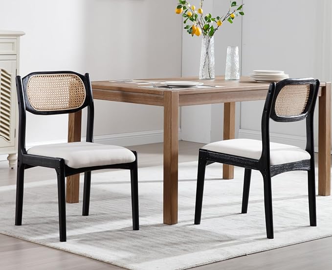 EALSON Farmhouse Rattan Dining Chairs Set of 6 Modern Mid Century Dining Room Chairs Upholstered Linen Kitchen Side Chairs with Cane Back/Black Wood Frame for Living Dining Room,Beige