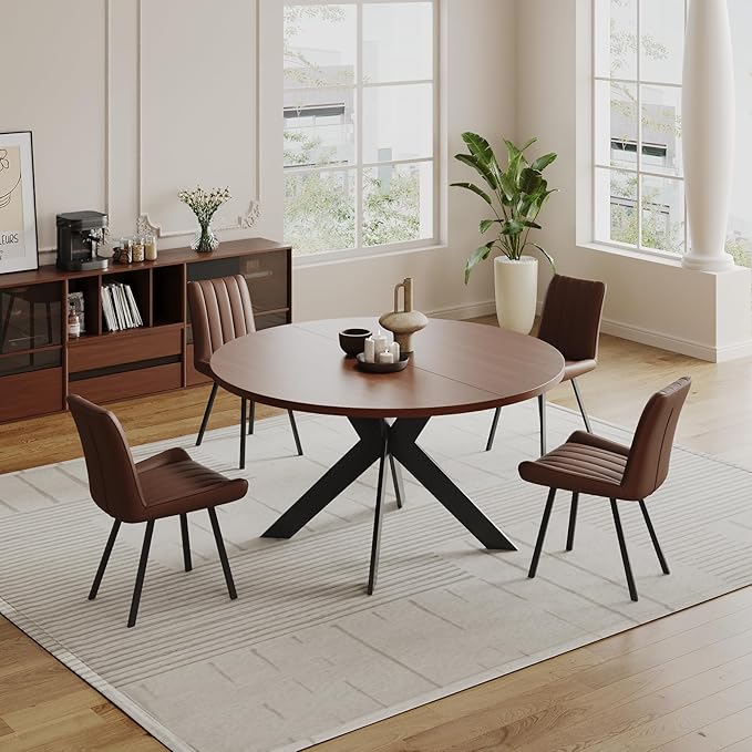 45.3" Walnut Round Dining Table Set with 2 Chairs – Mid-Century Modern Small-Space Kitchen & Dining Room Furniture for Apartment or Breakfast Nook (Boxwood – Table + 2 Brown Chairs)