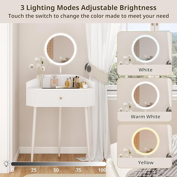 ARTETHYS Corner Vanity Desk with Retractable and Rotating Mirror and Lights Small Modern White Makeup Vanity Set with Glass Top for Women Compact Girls Dressing Table with Storage for Small Space