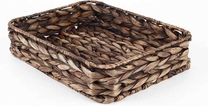 Water Hyacinth Woven Serving Tray Rectangular Hand-Woven Wicker Storage Trays for Coffee/Breakfast/Dessert/Fruit/Bread (Brown-Small)