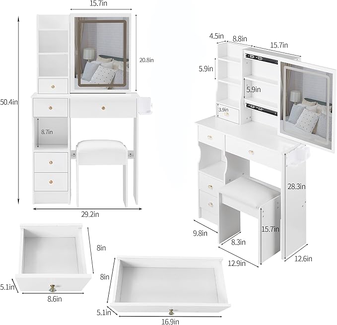 29.2" Small Vanity Desk with Mirror and Lights, Makeup Table with 2 AC+2 USB Power Station, Hair Dryer Bracket, Vanity Set with 5 Drawers and Stool for Small Space Bedroom, White
