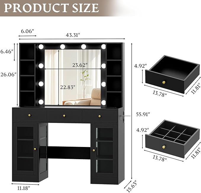 Makeup Vanity Desk with Mirror and Lights, Black Vanity with Glass Top, LED Lights & Power Outlet, 3 Drawers & 2 RGB Glass Cabinets, Adjustable Lighted Dressing Table for Women & Girls Bedroom