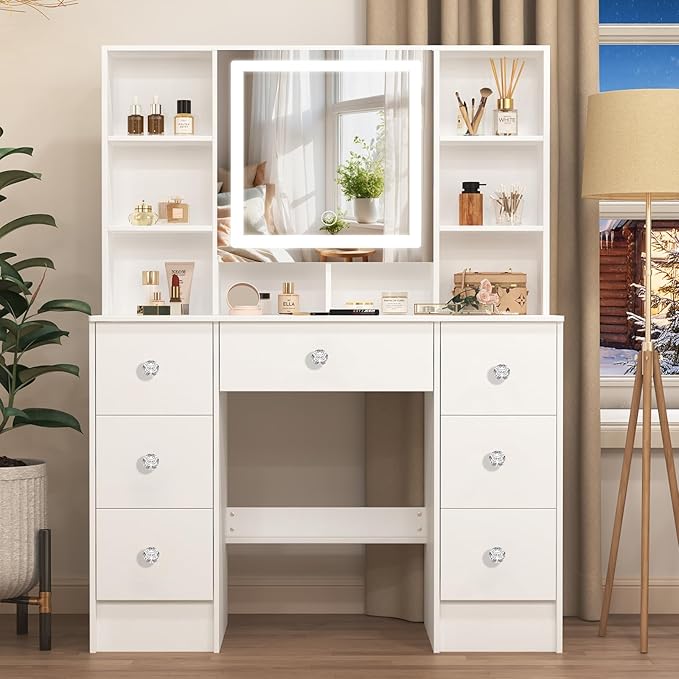 Large Vanity Table, Makeup Vanity with Mirror and LED Lights, 7 Drawers 8 Open Shelves, Crystal Handle, Hollywod Vanity Table for Girls and Women,100 * 40 * 140cm, Modern White