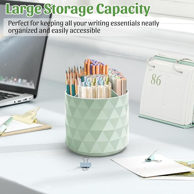Desk Organizer,Sparkling Diamond-like Pen Holder for Desk 360°Rotating Office Accessories,Pencil Cup with 5 Compartments Storage Box Caddy for Office,School,Home,Art Supply(Green)