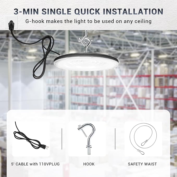 100W UFO Led High Bay Light(10 Pack),IP66 Waterproof,120VAC,15050LM 5000K Daylight Area Lighting,450W MH/HPS with Plug Commercial Bay Lighting for Warehouse/Shop/Workshop/Barn/Gym/Factory