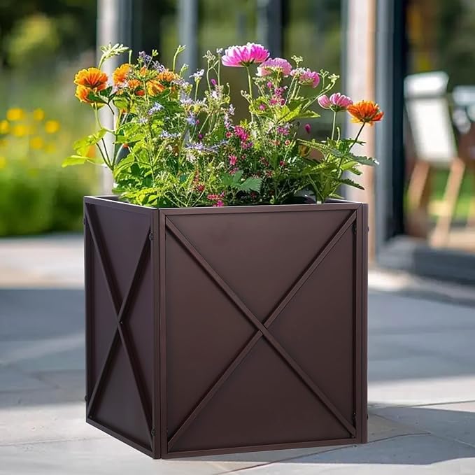 SUNNYPARK Large Metal Planter Box 17”x 17”x 18”, Square Modern Brown Metal Planter Box Heavy Duty with Drainage Holes for Outdoor Garden Patio