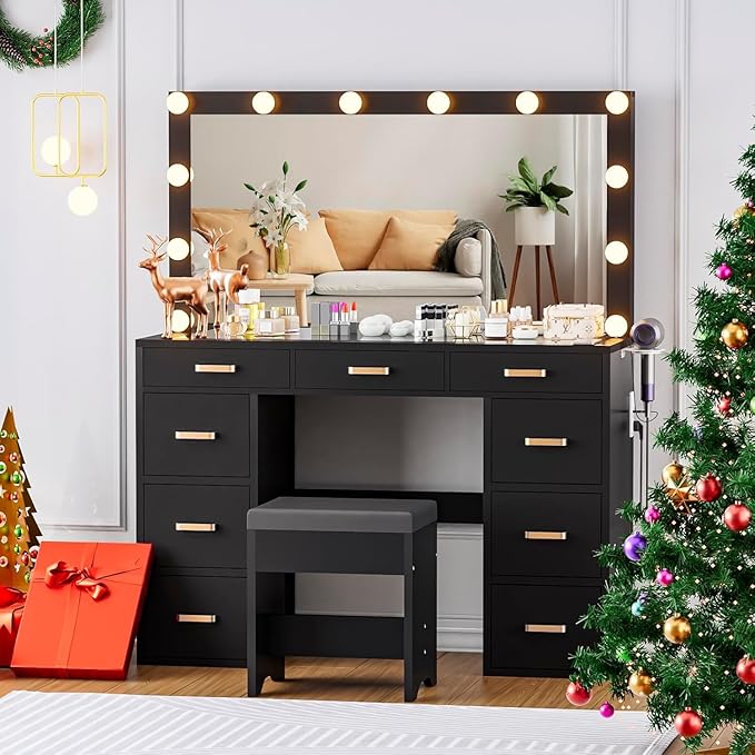 Likein Vanity Desk with Lights and Power Strip - 47'' Glass Top Vanity with Lighted Mirror, 9 Drawers Makeup Vanity with Lights, Black Vanity Set with Chair, 3 Lighting Modes Dressing Table