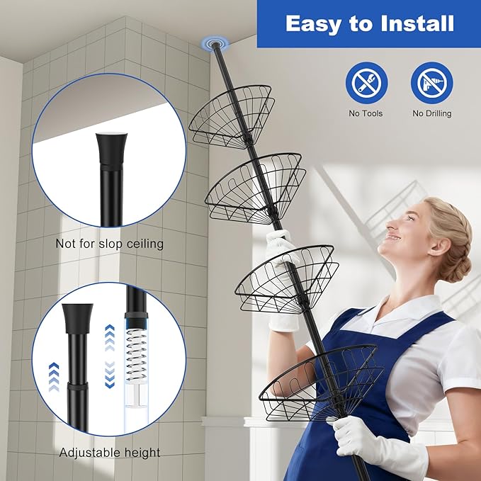 Corner Shower Caddy Tension Pole: Aluminum Shower Caddy Rod with Stainless Steel 4 Tier Adjustable Rustproof Shelves Organizer for Bathroom, 47-121 inch, No Drilling Quick Installation Heavy Duty