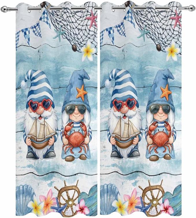 Ocean Gnome Outdoor Curtains for Patio Summer Marine Plumeria Shell Wood Blue