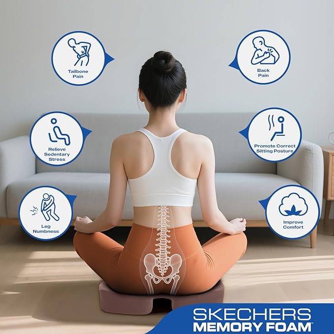 Skechers Seat Cushion, Ergonomic Memory Foam Cushion for Long Sitting Hours on Office & Home Chair, Car Seat Cushion for Sciatica, Coccyx Cushion,Brown