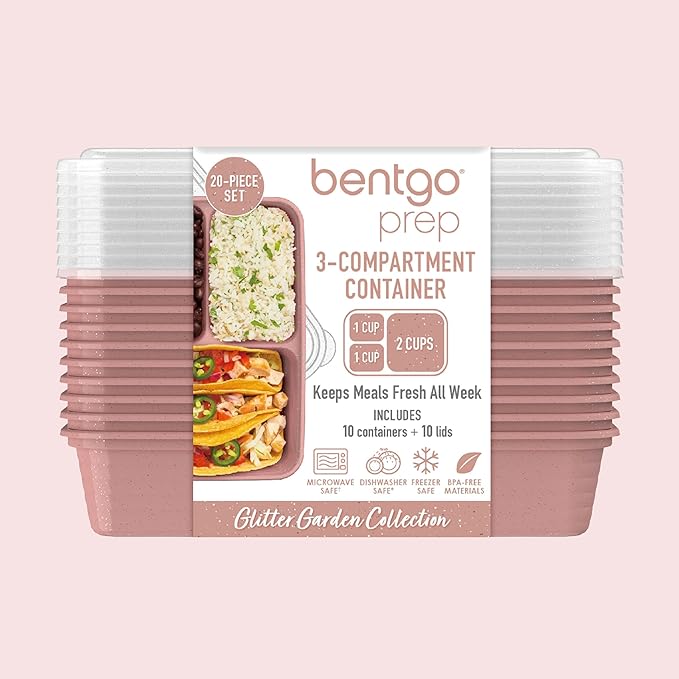 Bentgo Prep - 20-Piece 3-Compartment Reusable Meal Prep Containers with Lids, PFAS & BPA Free Materials, Durable, Microwave, Freezer, & Dishwasher Safe To Go Food Storage (Rosette Glitter)