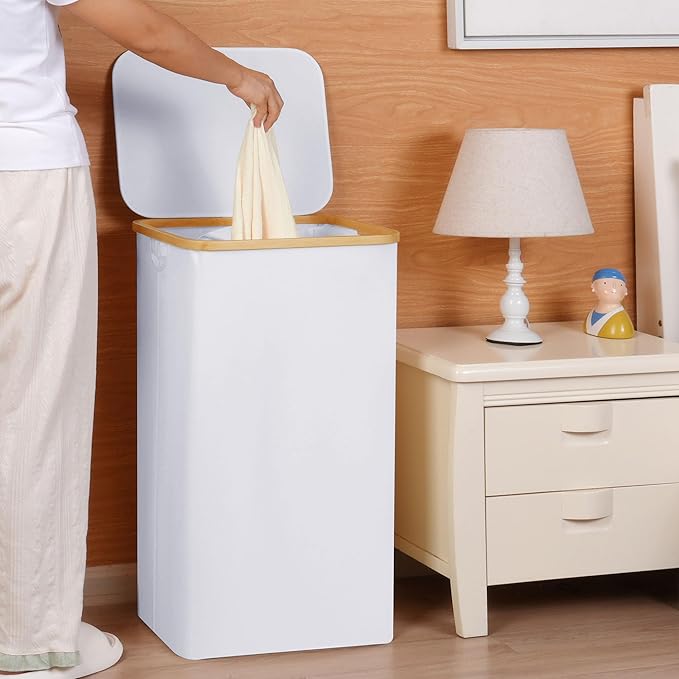 efluky Laundry Hamper with Lid, 100L Tall Laundry Basket with Bamboo Handles for Clothes and Toys, Collapsible Laundry Hamper with Inner Bag for Bedroom and Bathroom, White