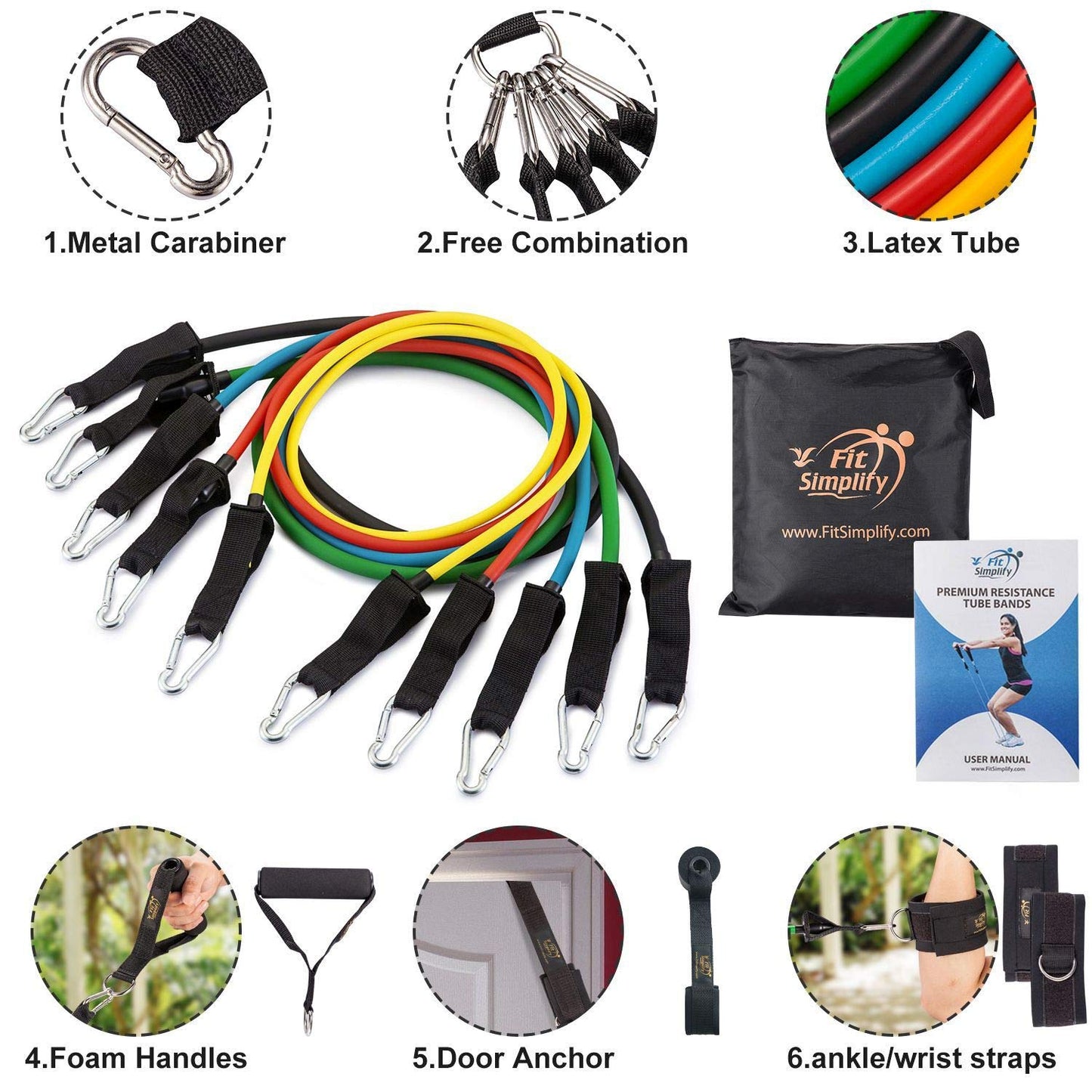 Fit Simplify Resistance Tube Bands 12 Piece Set with Instruction Booklet