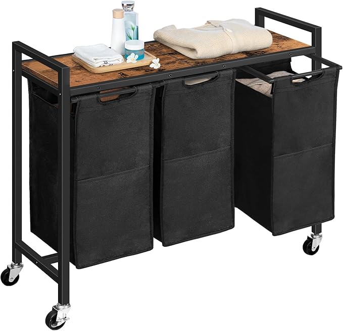 HOOBRO Laundry Sorter 3 Section, Laundry Hamper with Wheels, 3 × 11.5 Gal (43.5 L), Rolling Laundry Basket, Pull-Out and Removable Oxford Fabric Laundry Bags, Rustic Brown and Black BF76XY01
