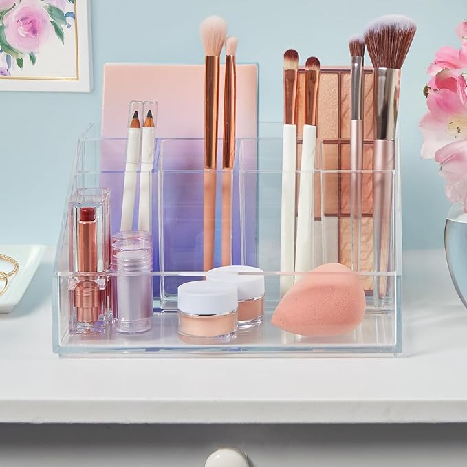 STORi Chloe Clear Plastic Stackable Makeup Brush Holder, Rectangular 6-Compartment Organizer for Brushes, Cosmetics & Beauty Supplies, Made in USA