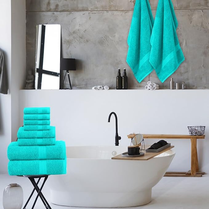 Pack of 8 Towels Set, 2 Large Bath Towels, 2 Hand Towels, 4 Wash Cloths, 100% Cotton, Lighter Weight, Quicker to Dry, Super Absorbent, Perfect for Bathroom (Aqua)