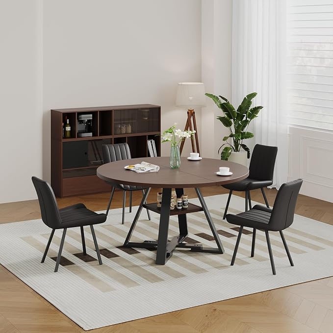 Walnut Round Dining Table Set for 4, Mid-Century Modern Kitchen Table and Chairs, Small Space Dining Room Furniture for Apartment, Breakfast Nook or Studio (Walnut wood-Storage Table+4 Black Chairs)