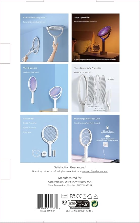 2-Pack GeckoMan Rotating Head Electric Fly Swatter Racket Rechargeable Bug Zapper Racket Bug Zapper Indoor Fly Zapper Mosquito Zapper Flies Killer for Indoors, with 2 Telescopic Extensions