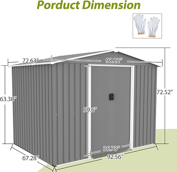 8 x 6 FT Outdoor Storage Metal Shed, Bike Garden Tool Shed with Slooping Roof, Lockable Doors and Aluminum Frames, Shed Easy to Assemble for Garden, Patio, Lawn, Black