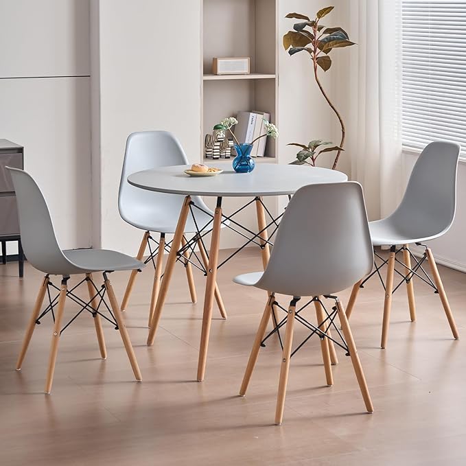 35.5'' 5 Piece Round Dining Table Set for 4, Mid-Century Modern Table with Chairs, Space Saving, Plastic Seats, Wood Legs, Circle Dinner Table for Kitchen, Home, Apartment, Gray
