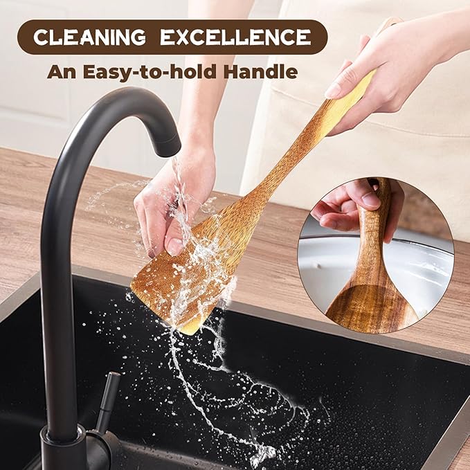 Nicyho Wooden Spoons for Cooking, 9 Pieces Natural Acacia Kitchen Utensils Set, Long Handles Heat Resistant Kitchen Wooden Cookware for Nonstick Pan (9)